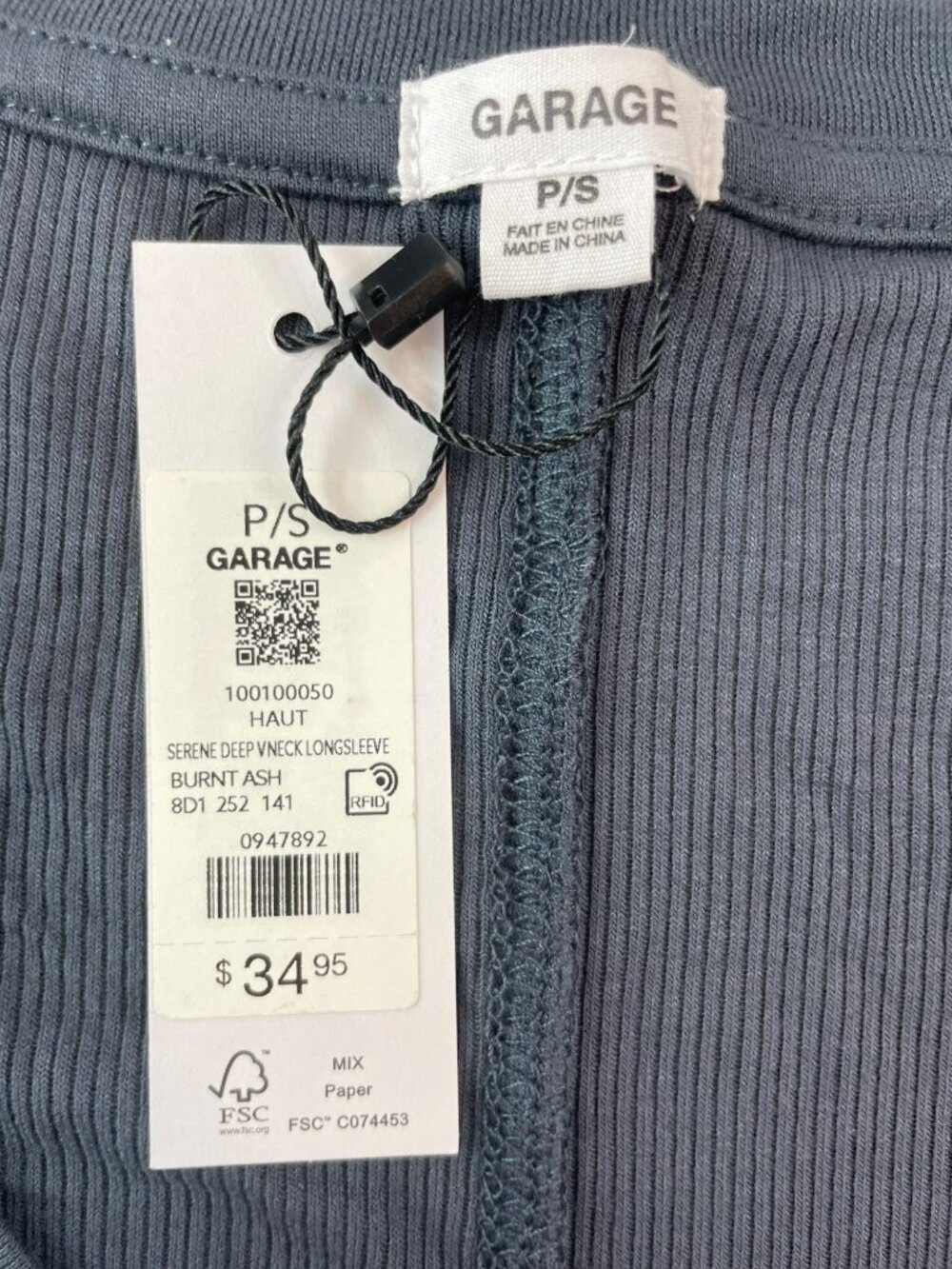 Garage Serene Deep V-Neck Ribbed Long Sleeve Top In Burnt Ash Women's Size S NWT - Picture 6 of 6